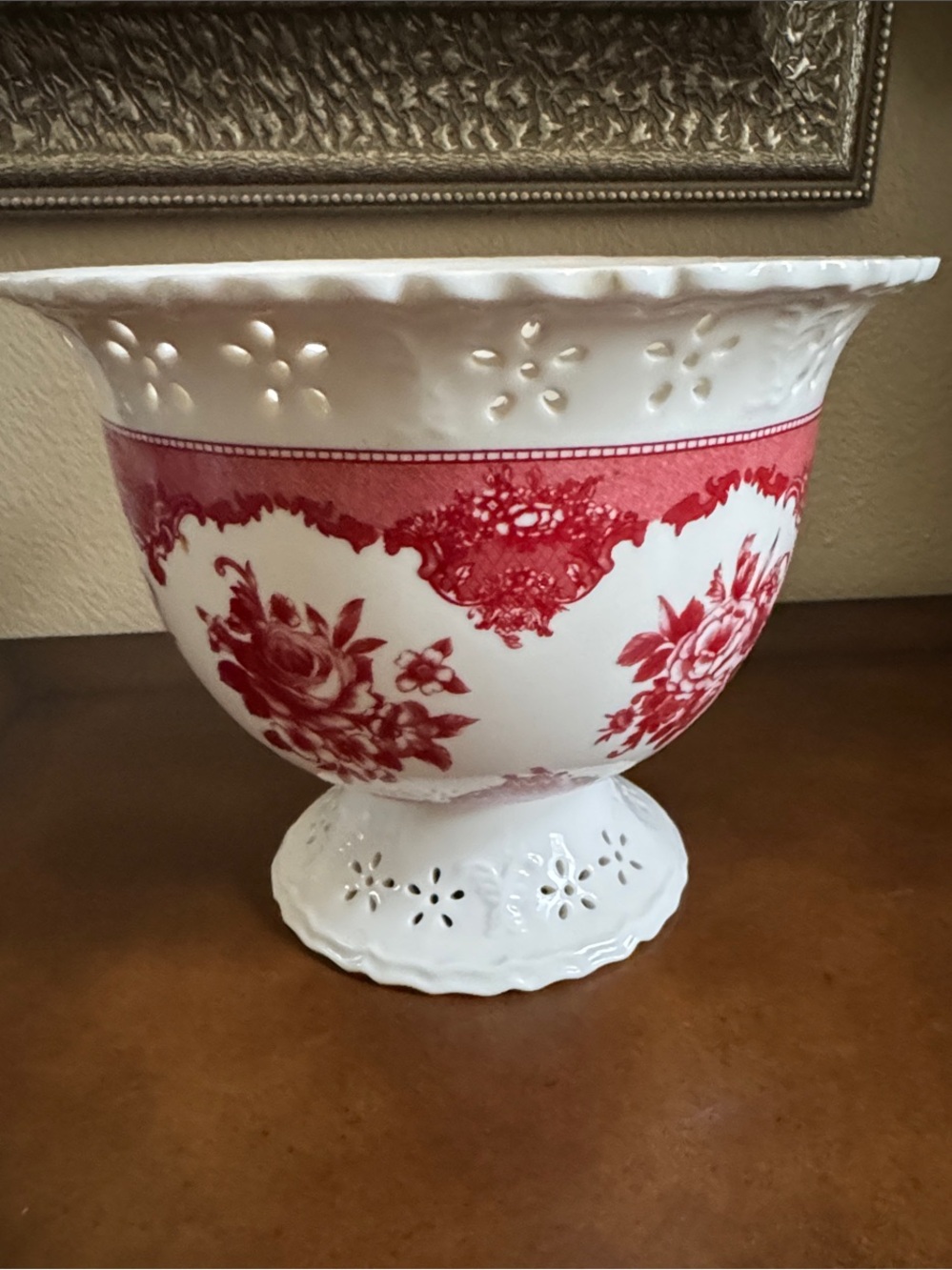 Vintage White Ceramic Pedestal Vase Planter Compote with Red Floral Pattern